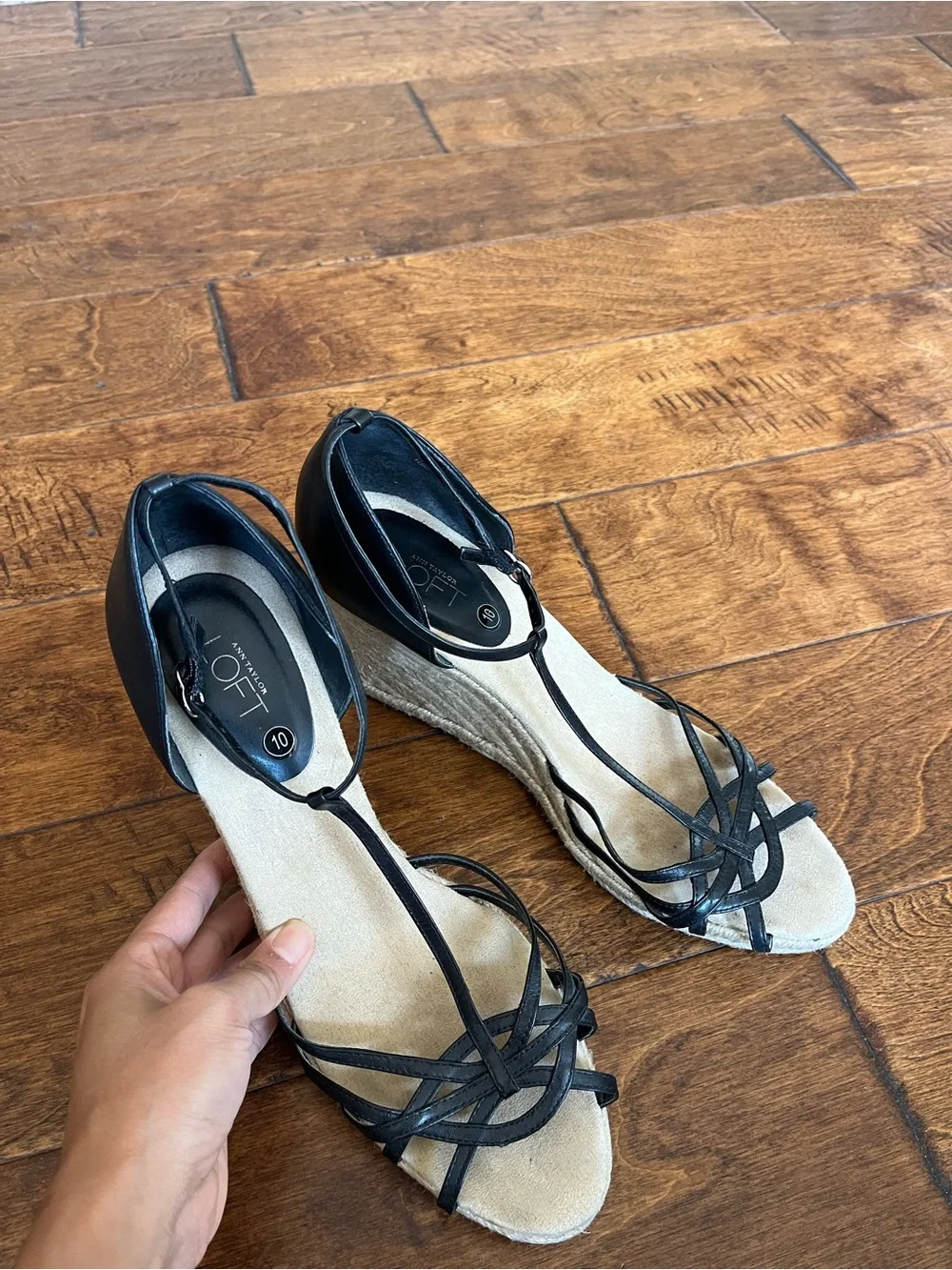 LOFT Black Strappy T‑Bar Espadrille Wedges